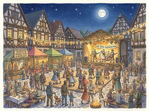 Eine nächtliche Festivalstimmung im Freien in einem Dorf im deutschen Main-Kinzig-Kreis, wo die Menschen tanzen, leckeres Essen genießen und der Musik einer Band auf der Bühne lauschen. Bunte Zelte und Fachwerkhäuser umgeben die lebhafte Menschenmenge unter dem Vollmond.