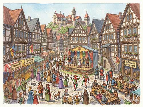 Ein belebter mittelalterlicher Stadtplatz in Ronneburg im Main-Kinzig-Kreis mit Fachwerkhäusern, Menschenmengen in historischen Kostümen, Imbissständen, einer Bühne mit Musikern und Schauspielern, geschäftigen Marktständen und einer Burg auf einem Hügel im Hintergrund.