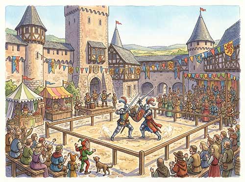 Mittelalterliche Szene mit zwei gepanzerten Rittern, die in einer Arena in der Nähe von Ronneburg im Main-Kinzig-Kreis gegeneinander kämpfen, umgeben von jubelnden Zuschauern, bunten Fahnen, Burgtürmen, Marktständen sowie Musikern und Darstellern, die vor dem lebhaften Gasthaus das Publikum unterhalten.