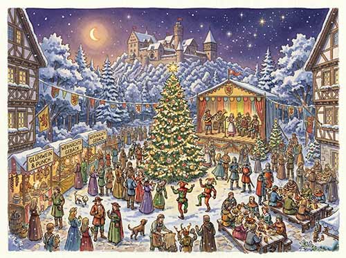 Ein festlicher Weihnachtsmarkt auf einem verschneiten Dorfplatz mit geschmückten Ständen, feiernden Menschen, einem großen Weihnachtsbaum, Musikern auf der Bühne und einer Burg auf einem Hügel – die nahegelegene Pension bietet gemütliche Monteurzimmer und köstliches Essen unter dem Sternenhimmel.