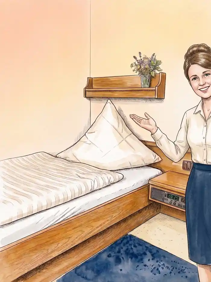 Abbildung eines schlichten Schlafzimmers in einem gemütlichen Gasthaus mit einem Einzelbett mit weißer Bettwäsche, einem Kopfteil aus Holz, einem kleinen Wandregal mit einer Vase voller Blumen und einem blauen Teppich. Eine Angestellte präsentiert diesen einladenden Rückzugsort im Main-Kinzig-Kreis.